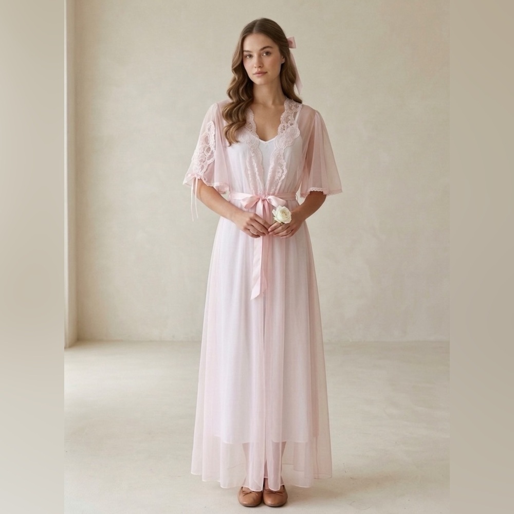 Vtg 80s Val Mode Pink Sheer Angel Sleeve Peignoir Robe Grand Sweep Petite